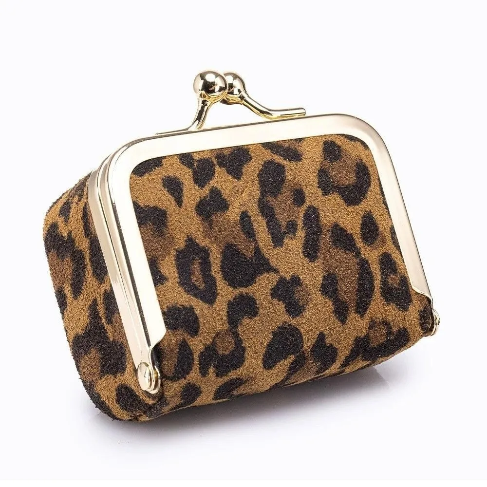 Leopard Print Kiss Lock Coin Purse PU Leather Solid Color Leather Jewelry Bag Multifunctional Square Small Item Bag