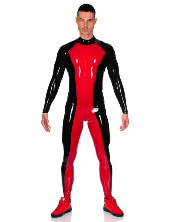 Christmas Gummi 100% Latex Rubber Black&Red Bodysuit Tight Suit Polishing Outfit Zip 0.4mm S-XXL