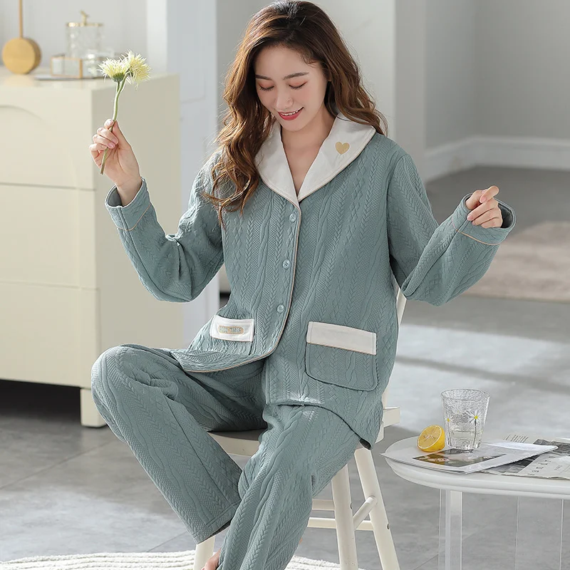 Pyjama à manches longues pour femme, ensemble deux pièces, coton, trois couches, matelassé, épais, vêtements de maison, automne, hiver