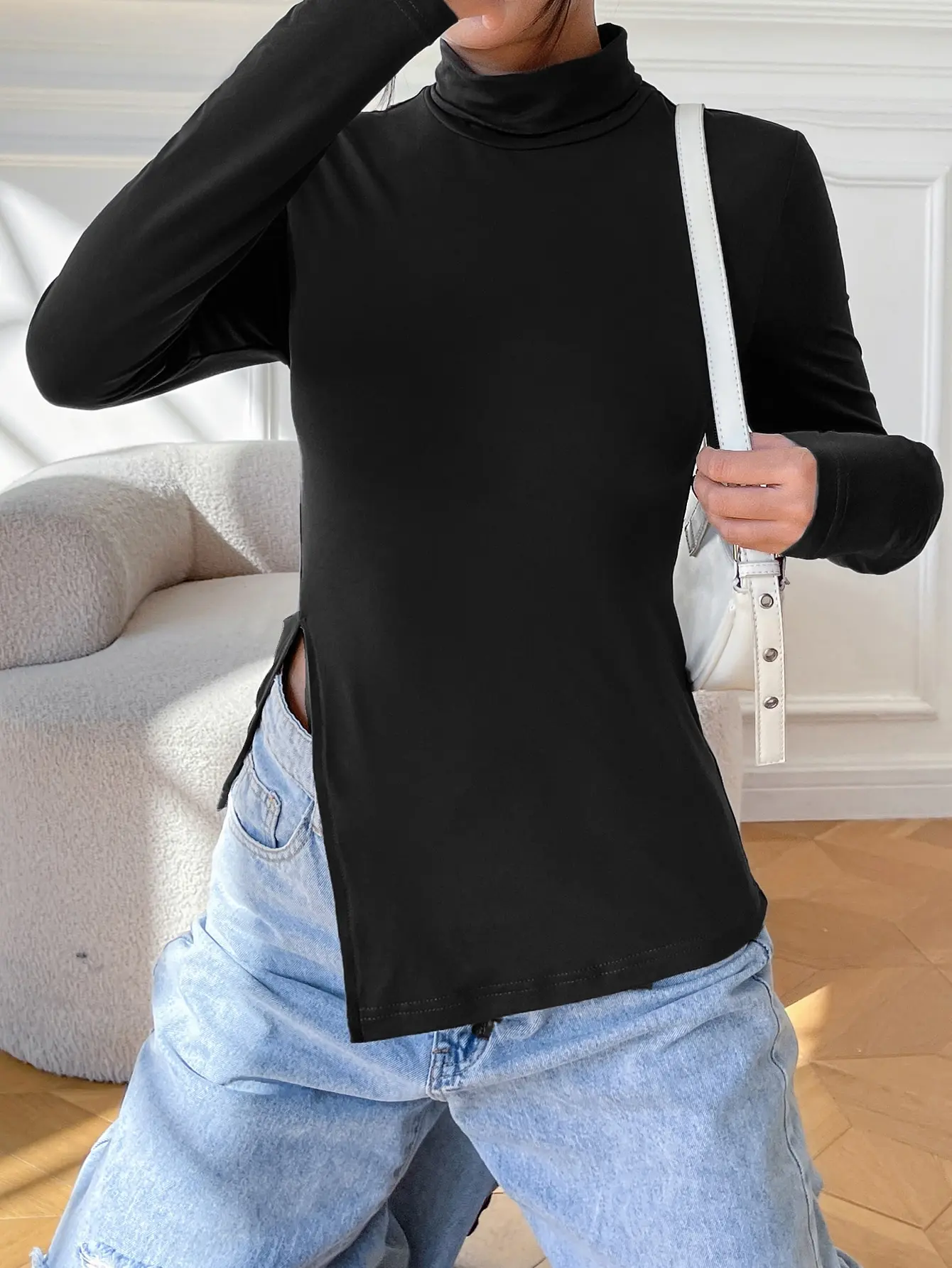 Half Turtleneck Style Open Fork Small Design Waist T-shirt Top Women's Spring and Summer Base Shirt