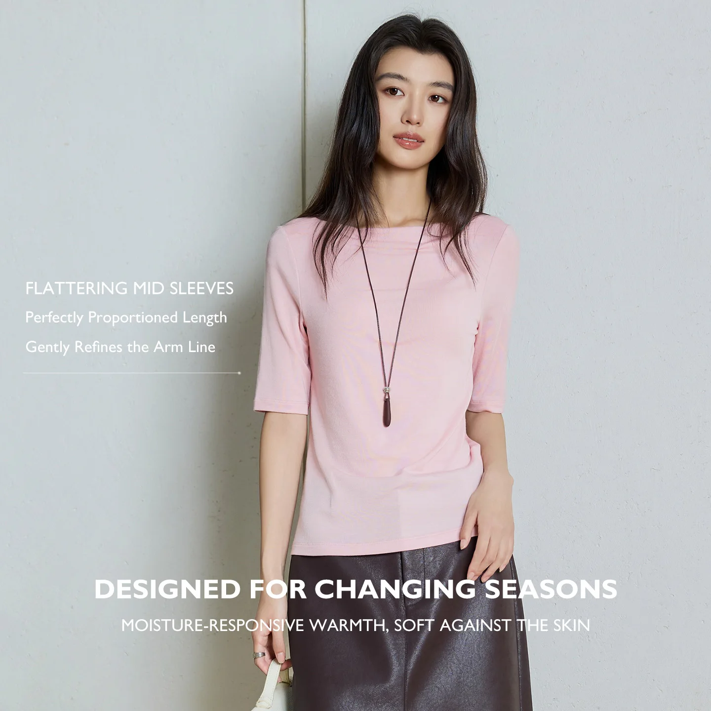 Autumn New T-shirt Women Lyocell Slash Neck Top Half Sleeve Knit Fabric Tee Elegant Slim Fit Everyday Base Cashmere Silk Blend
