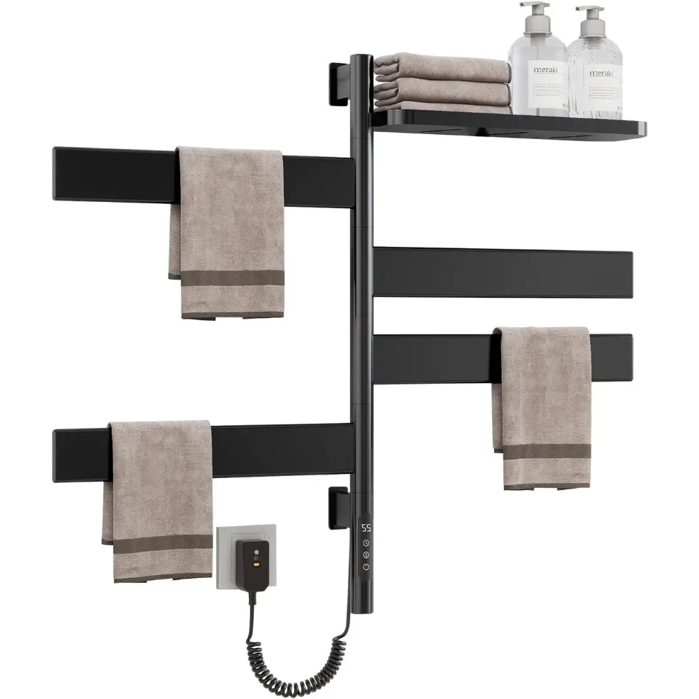 

Swivel Heated Towel Rack, Wall Mounted Electric Towel Warmer Rack, 4 Square Bars Swivelable Towel Dryer with Tray, Towel Heater