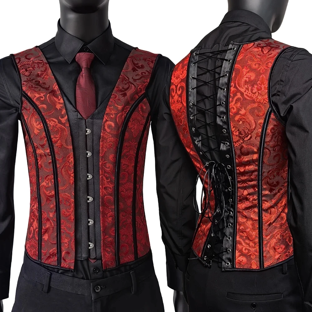 Chaleco moldeador de barriga para hombre, corsé Vintage con cordones, entrenador de cintura, estampado rojo, Tops ajustados, disfraz de fiesta de escenario