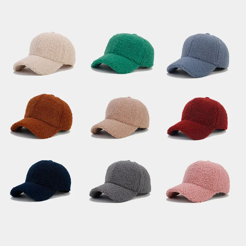 Hot Autumn Winter Men Women Hat Thick Lamb Wool Solid Color Curved Eave Cap Simple Fashion Warm Baseball Cap Male Visor