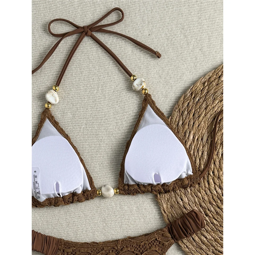 2026 Geknitterter Neckholder-Bikini Damen-Badeanzug zweiteiliger Bikini-Set gepolsterter Badeanzug Badebekleidung V8135 – Detail 19