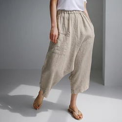 Pantaloni Casual da donna in lino di cotone solido a vita alta pantaloni Streetwear a gamba larga Pantalon Femme abbigliamento donna