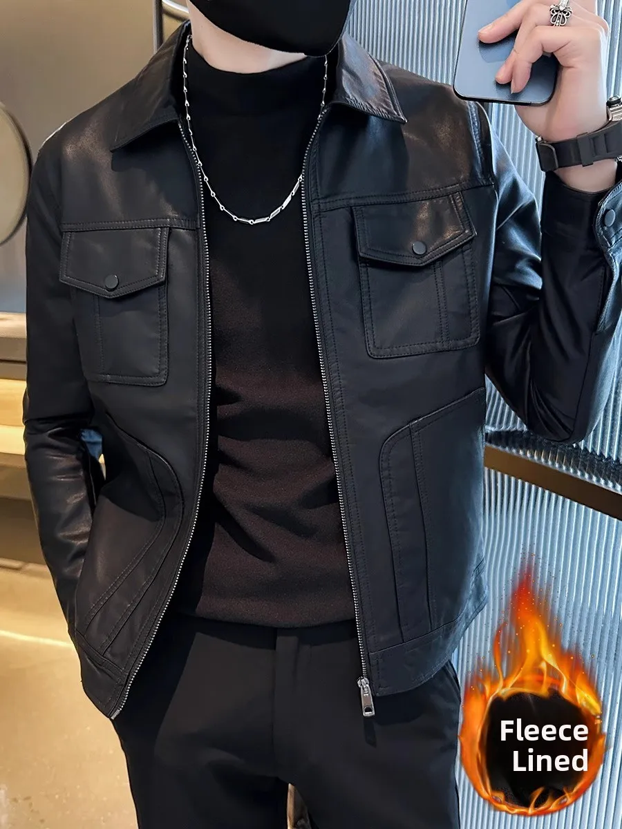 

Men's Fce Lined Leather Jaet Slim Fit Autumn Winter Outerwear Trendy Korean Sle Versatile Warm Top Youth Casual Faion