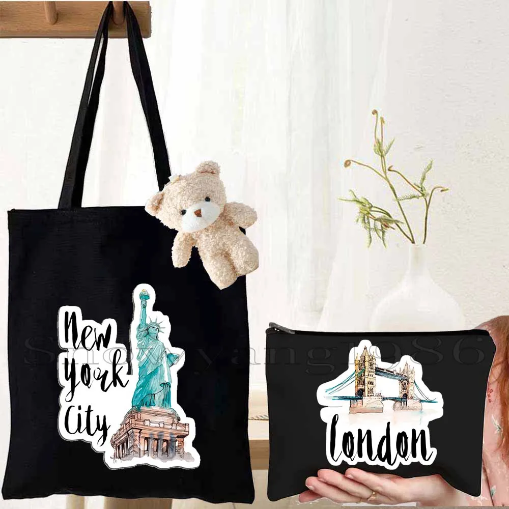 3 bolsas de lona para mujer con diseños de Milán, Moscú, Holanda, Nueva York, París, Taj Mahal, Egipto, San Francisco, Berlín y Londres.