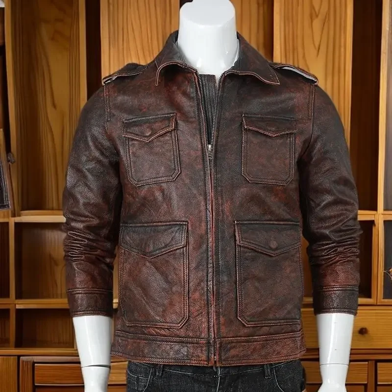 2024 new hunting leather jacket men's lapel multi-pocket locomotive autumn and winter velvet jacket