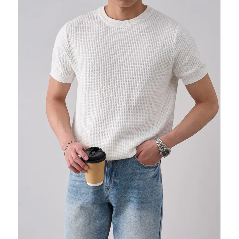 

100% Cotton Men's American-Style Thickened Vintage Cotton Waffle Knit T-Shirt, Casual Short Sleeve Crewneck Top, 4 Colors