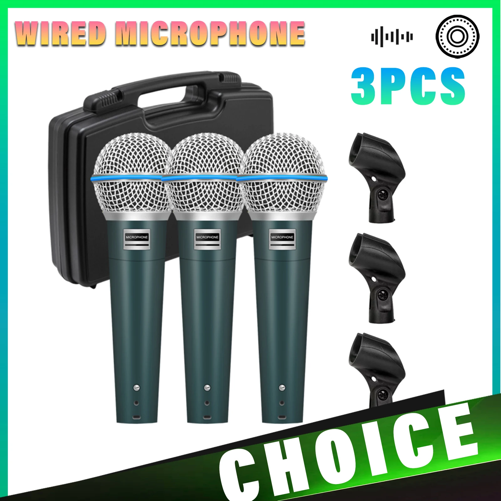 Juego de 3 Micrófonos Dinámicos Supercardioide Profesionales BT58 con Cable y Estuche para Karaoke, Voces en Vivo y Actuaciones en Escenario