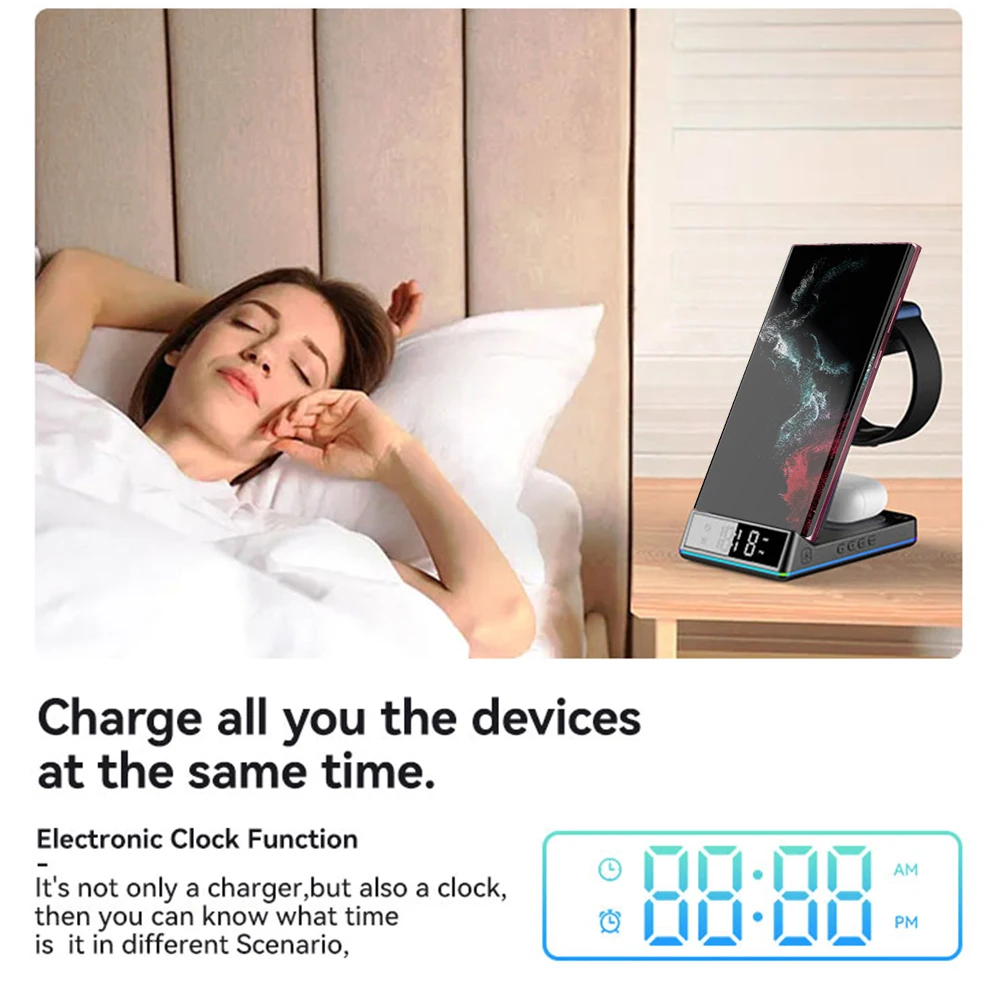 Soporte de cargador inalámbrico plegable 5 en 1 Base RGB con reloj despertador digital LED Estación de carga rápida para Samsung Galaxy Watch 5/4 Pro Active 2 S22 S21 Ultra Airpods iPhone14