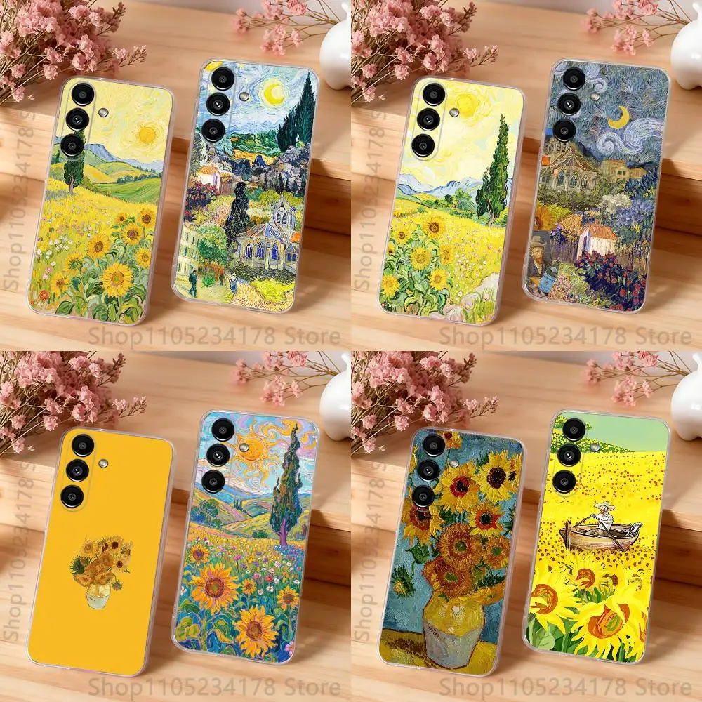 Van Gogh Starry Sunflowers Phone Case For Samsung S24,S25,S30,S23,S21,S22,S20,S10,5G,FE,lite,PIus,Ultra Clear Transparent Cover