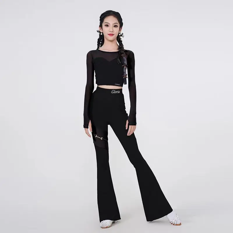 Children's Latin Dance Costume Girls' Long-sleeved Split Suit Mesh Top Flared Pants New