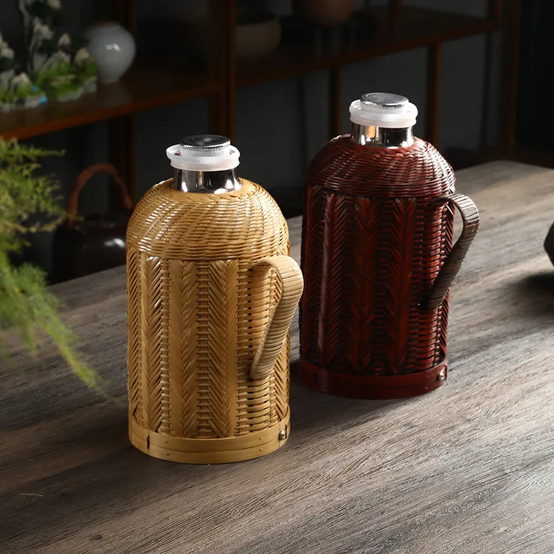 Bamboo Woven Thermos Bottle Household Vintage Vacuum Hot Kettle Glass Interior Retro Tea Room Thermos Bottle