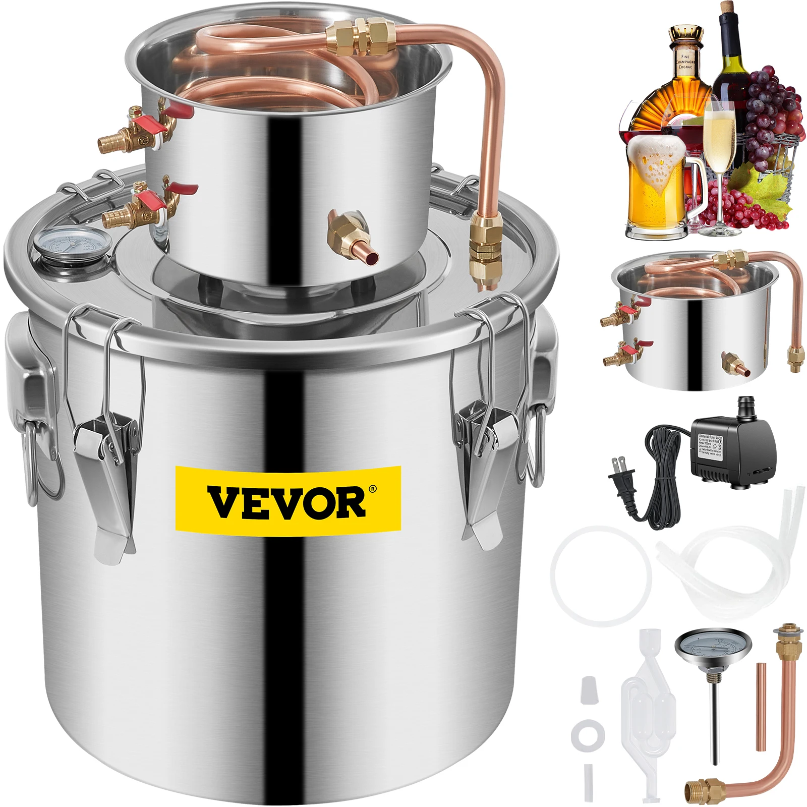 SucceBuy 3 5 8 Gal Distilleerder Moonshine Alcohol Brouwen Water Wijn Essentiële Olie Brouwen Kit Roestvrij Koper met Pomp voor Thuis DIY - afbeelding 2