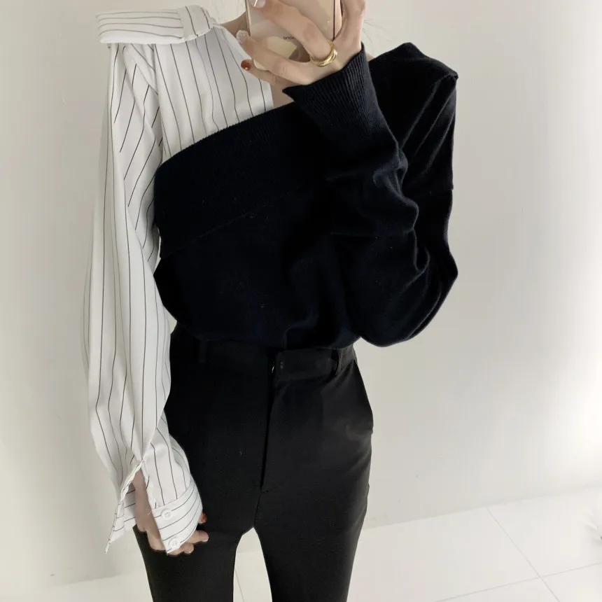 JSXDHK French Designer Chic Spring Black White Patchwork Blouses Fashion Women Sexy V Neck Hit Color Lantern Sleeve Shirts Tops