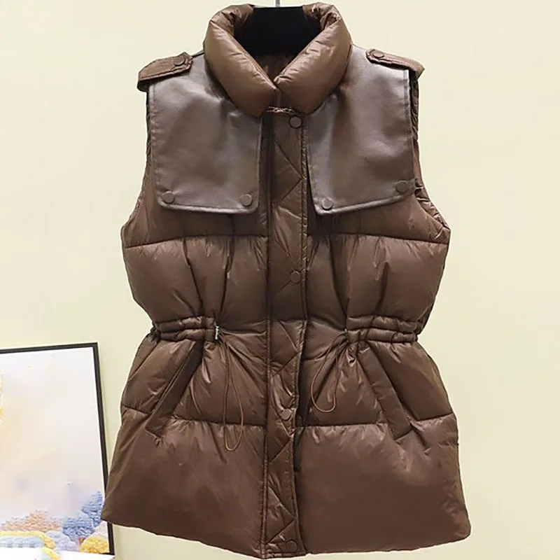 

2023 Women Loose Warm Spliced Cotton Vests Vintage Fashion Elegant Drawstring Casual Coat Winter Lady Thicken Sleeveless Jacket