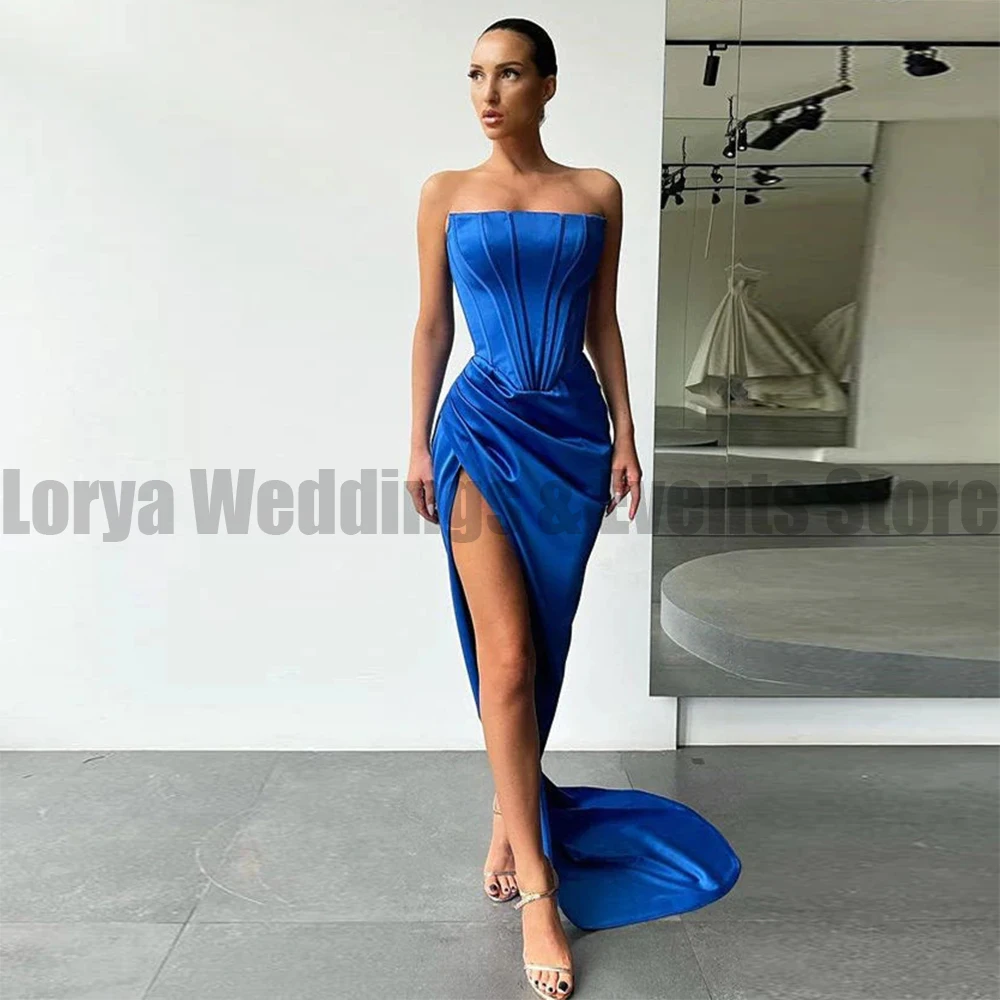 2023 Mermaid Rose Red Evening Dresses Sexy Side High Split Simple Princess Prom Gowns Pleated Sleeveless Fashion Celebrity Robe