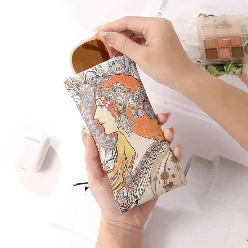 1pc Mucha Painting Soft Shell Automatic Closing Eyewear Storage Bag Simple Durable PU Leather Glasses Protective Organizer Pouch