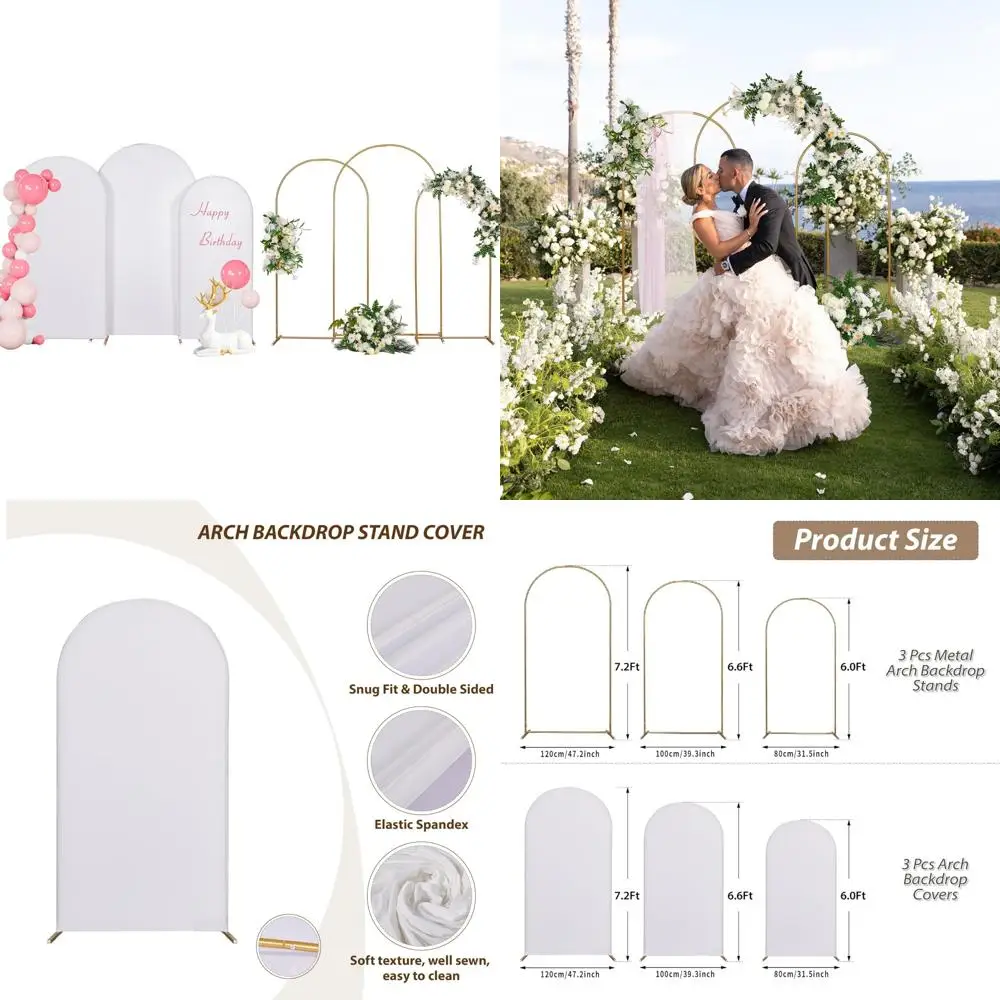 

Gold Metal Wedding Arch Backdrop Stand Set with White Cover, 3-Piece Including 7.2FT, 6.6FT, and 6FT Frames for Birthday Party D