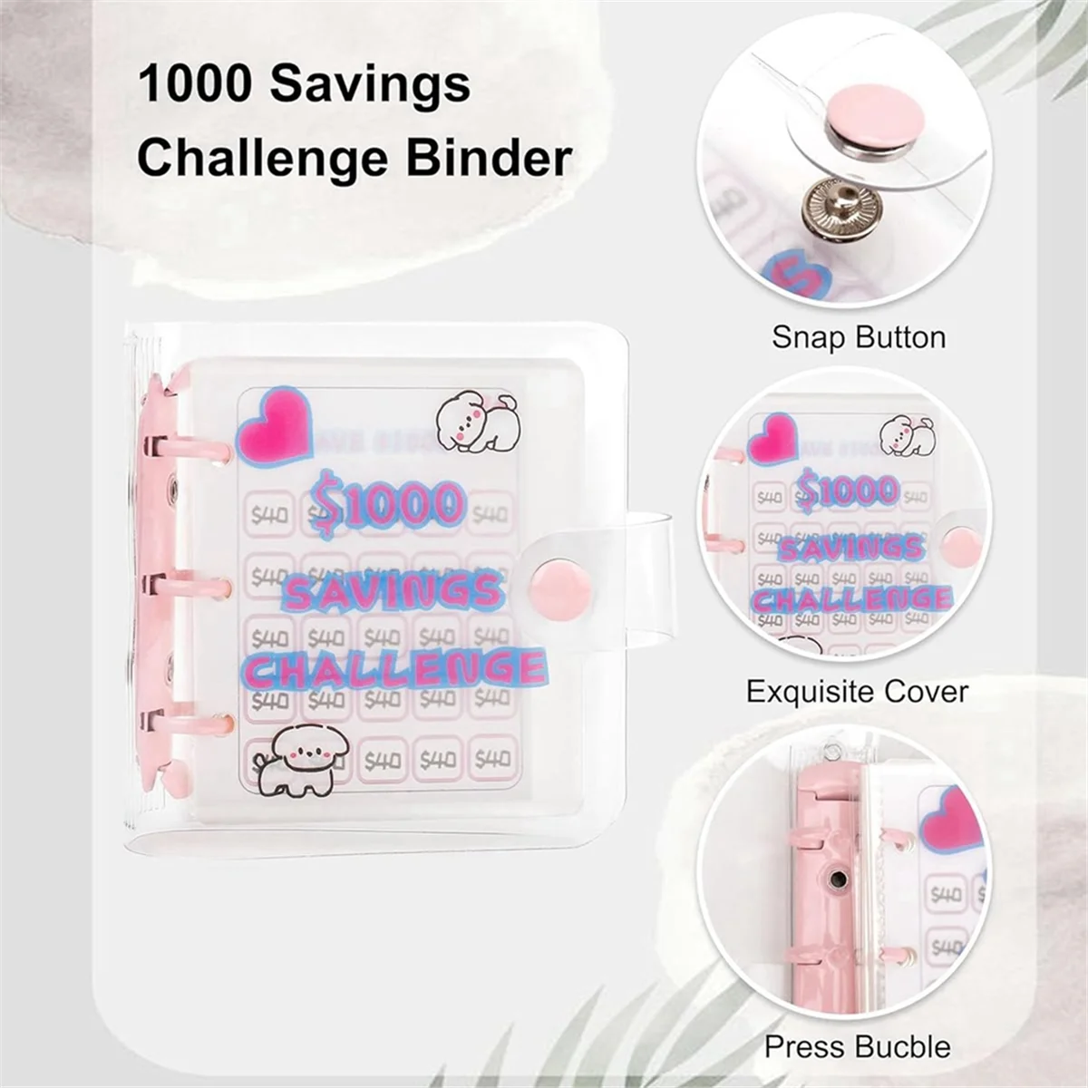 2PC 1000 Savings Challenge Binder, with Mini Envelope Savings Challenge Book, Reusable Budget Binder Book (Pink)