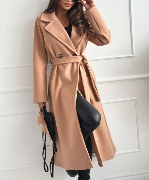 Women's Marketing Style Windbreaker Jacket 2025 Autumn Winter Latest Simple Long Sleeve Collar Strapped Woolen Coat Open Front