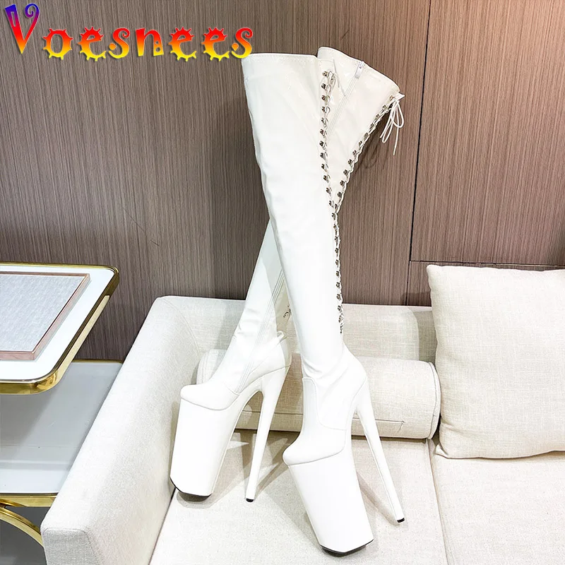 Fashion Platform Women Pole Dancing Long Boots Stripper Round Toe Lace-up High Heels Pumps New Patent Leather Thick Bottom Shoes