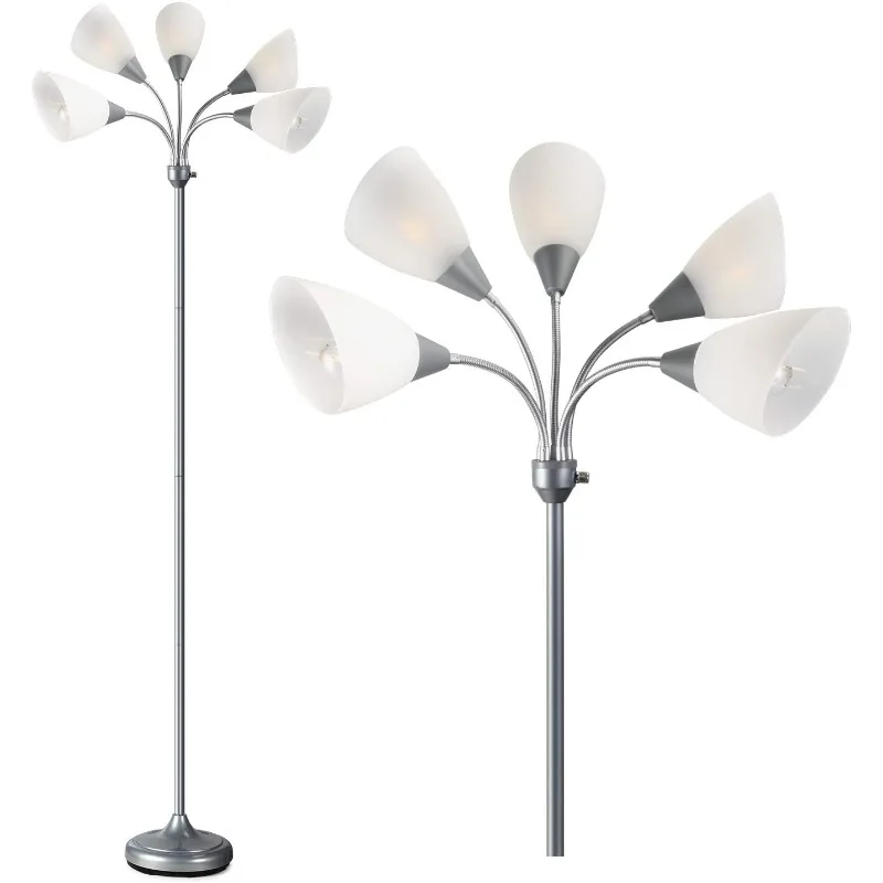 Lampe de lecture sur pied à 5 têtes réglables, lampadaires à grande abat-jour, ampoules E26 A19