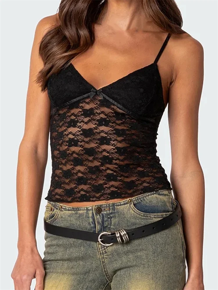CHRONSTYLE Women Floral Lace Crop Camis Tops Summer Backless Spaghetti Strap Tank Sleeveless Mini Vest for Streetwear Clubwear