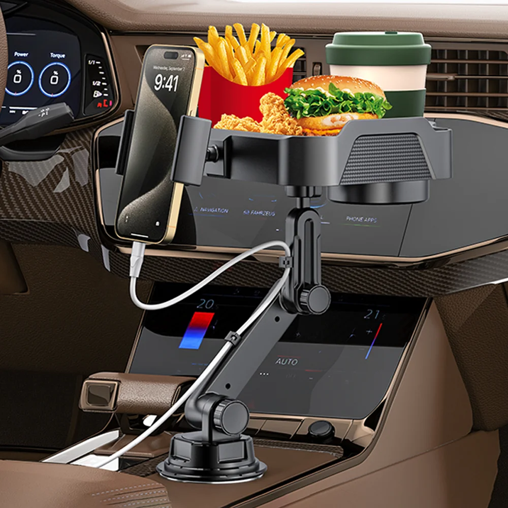 

Car Cup Phone Holder Receive Stand Tray 360 Degree Rotation Table Slot Food Organized Adjustable Interior Snack Drink Holder