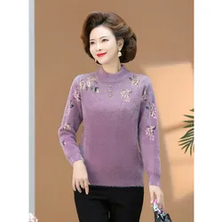 Mother's Autumn And Winter Thicken Imitation Mink Fleece Embroidered Sweater Fashion Diamonds inlay Knitted Lady Warm Pullover