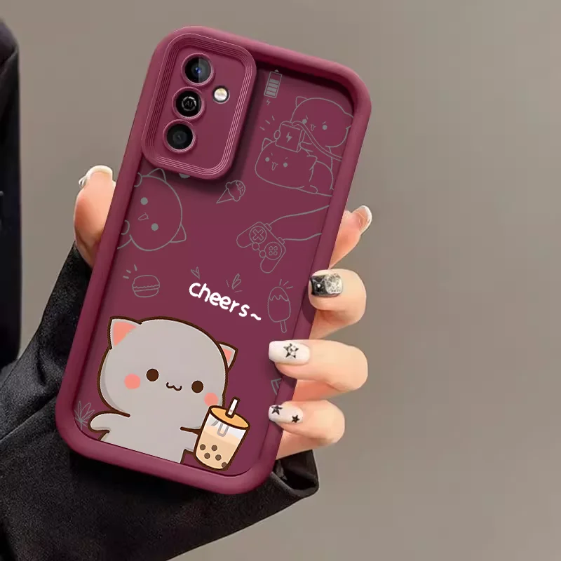 Cartoon Peach Mochi Cat Couple Case for Samsung S25 S24 S23 S22 S21 S20 Plus FE Note 20 Ultra M55 Cute Animal Paired Soft Covers
