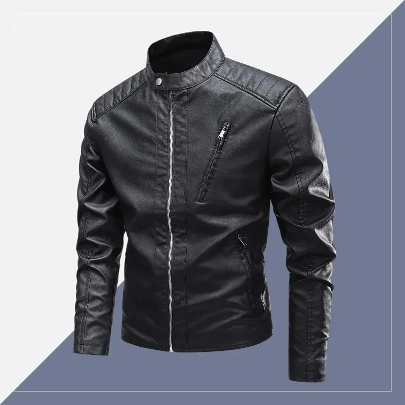 

Men Stylish Retro Stand Collar Leather Jacket Casual Outerwear Pop Men's Leather Jackets Fashion Motorcycle Leather Coat Jacket