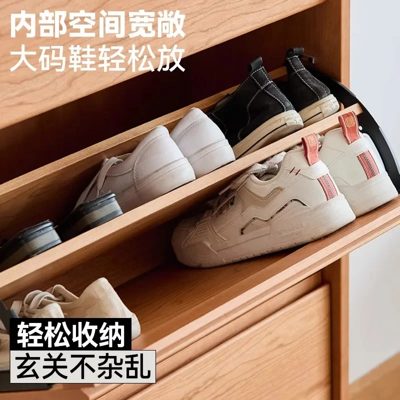 Modern two-tone durable entry shoe cabinet with tilted shoe rack and cherry wood finish