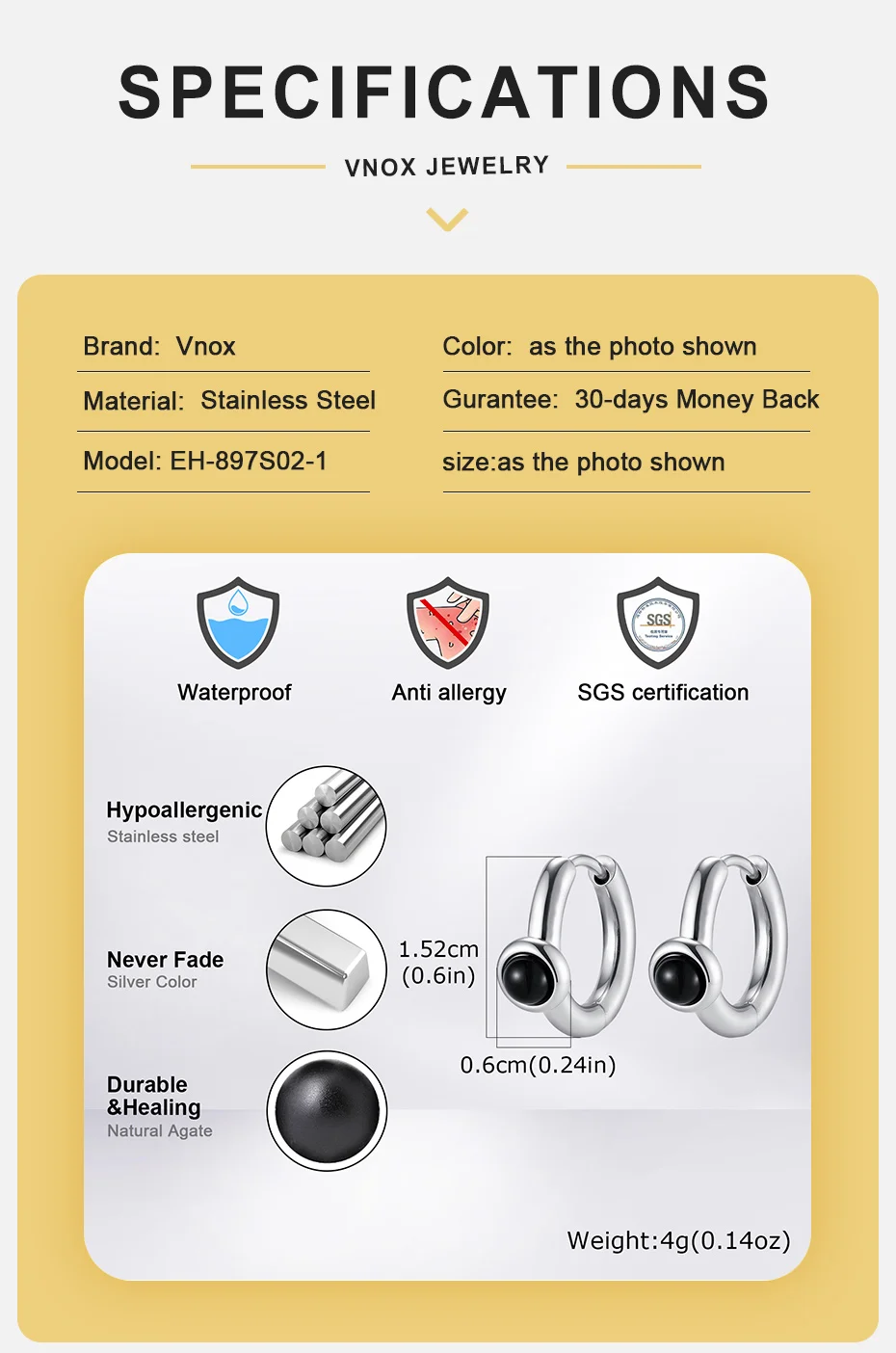 Vnox Herren Edelstahl Creolen, Natürlicher Schwarzer Onyx Stein Huggie Ohrringe für Durchstochene Ohren, Punk Alltagsschmuck Geschenk – Detail 4