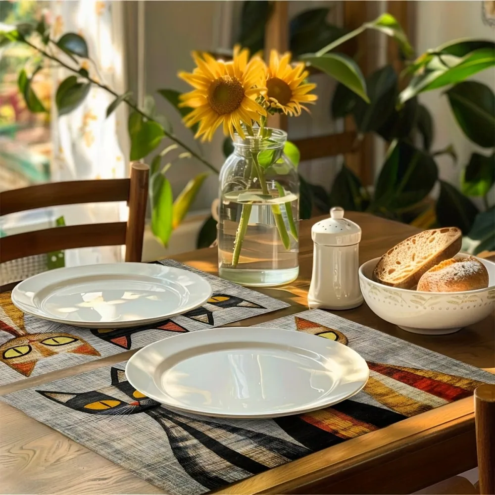 VIKAMA 4-Piece Table Mat Set Stylish Cat-Print Washable Table Mats Perfect for Kitchen & Holiday Decor Retro Home Tableware