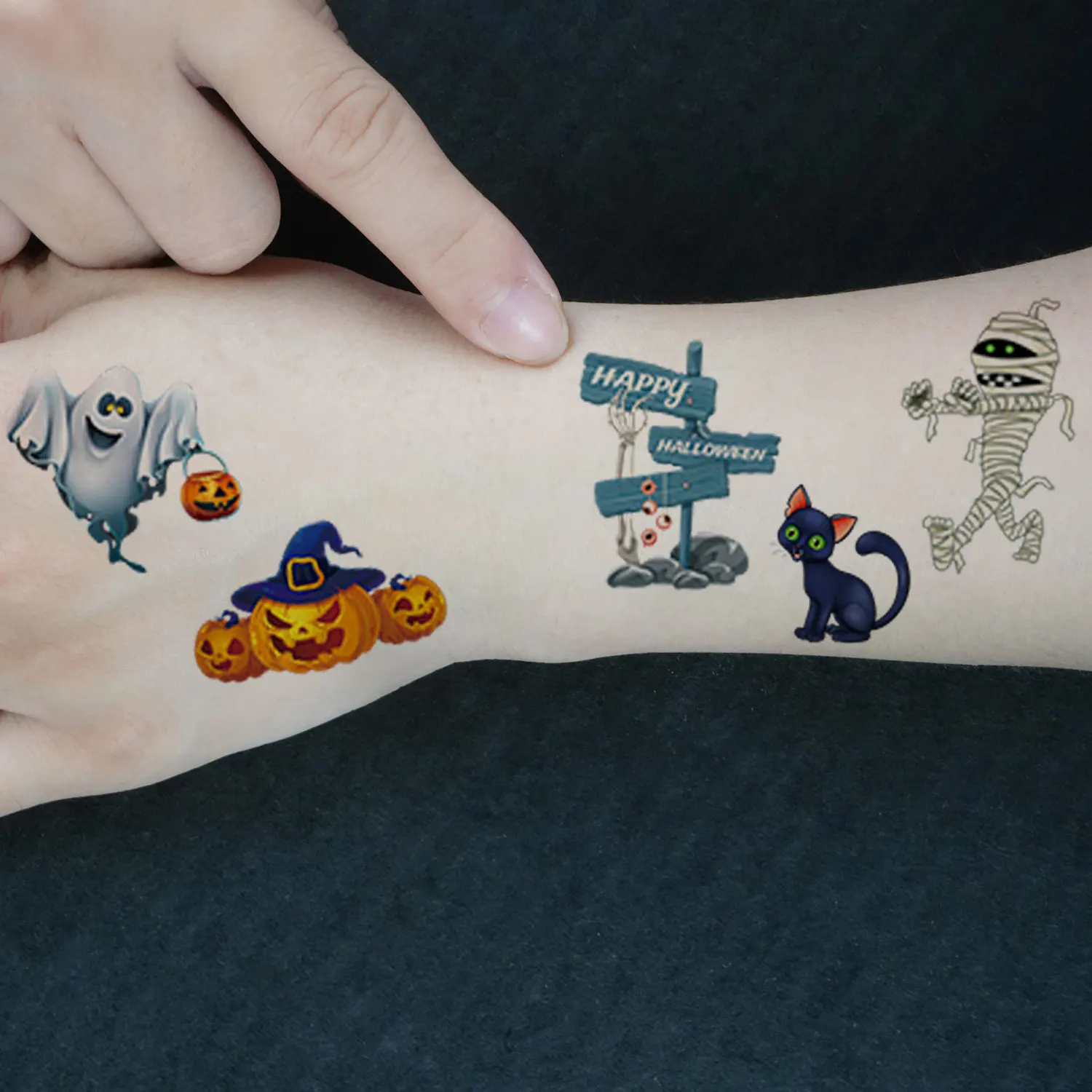 10 أوراق مكونة من 120 قطعة من ملصقات الوشم بنمط عنصر الهالوين، شبح اليقطين الخفافيش والزومبي، مقاومة للماء وواقعية