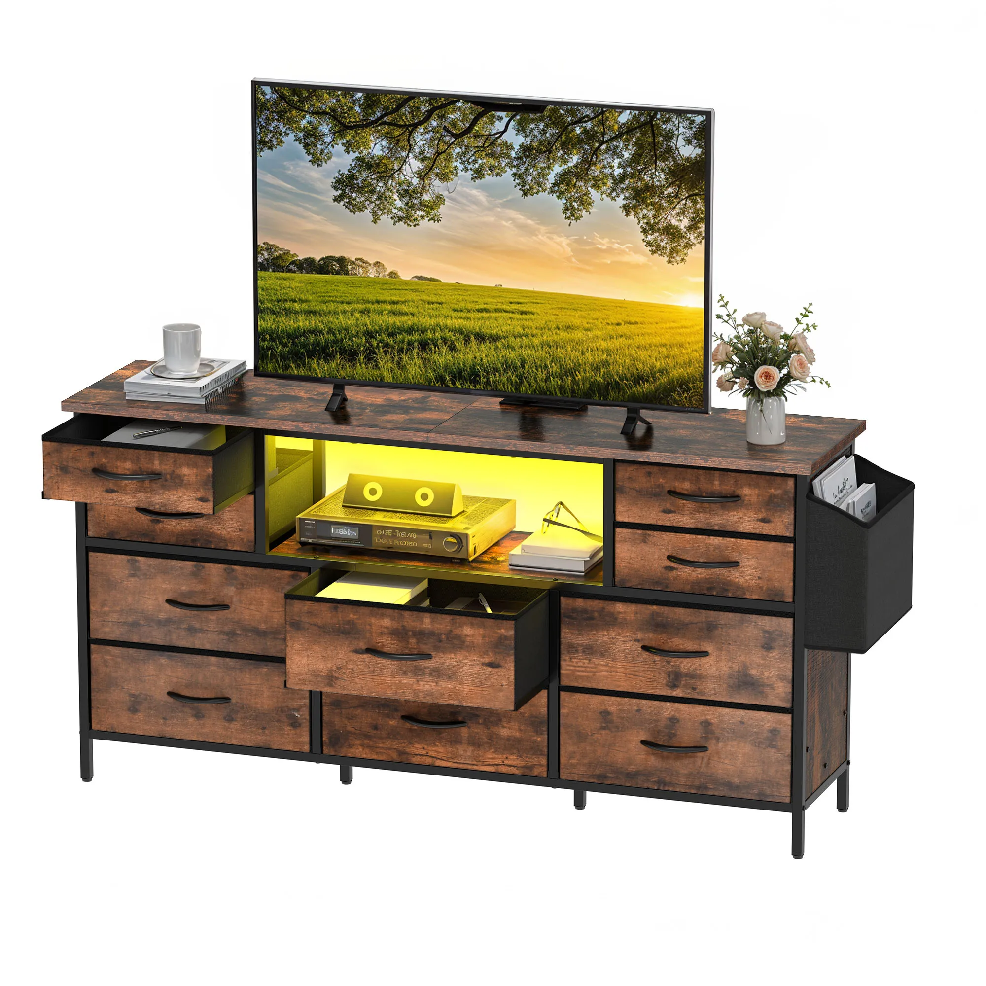 YITAHOME 65 Inch TV Stand with RGB LED Lights – 140CM TV Cabinet with 10 Foldable Drawers & Shelves for Living Room