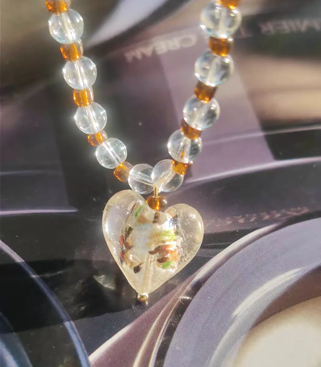 New Rural Style Handmade Murano Lampwork Glass  Liuli WHite Heart Pendant With Beads Chain Necklace Jewelry