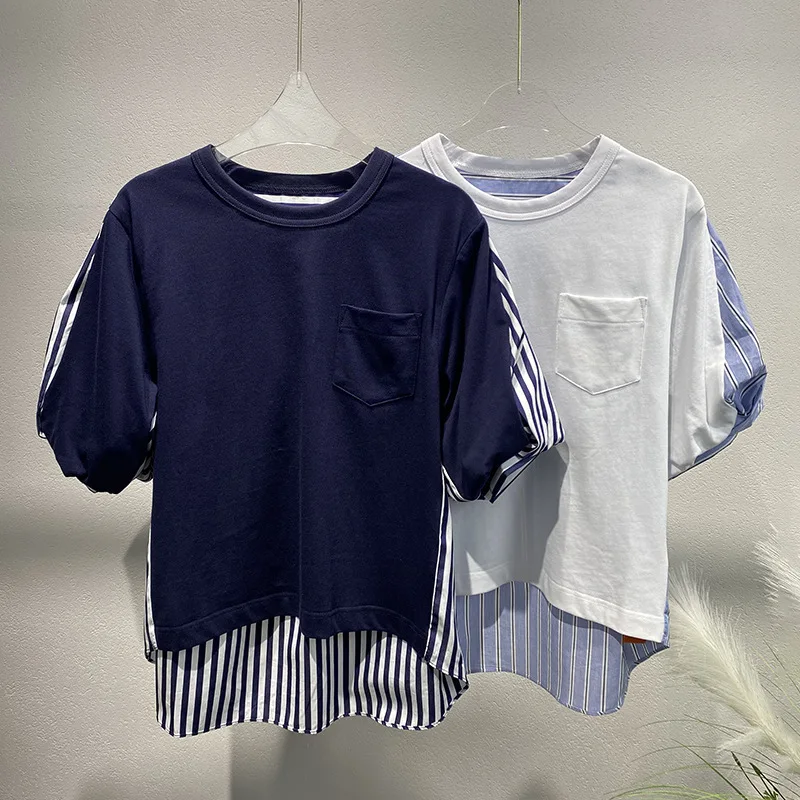 2025 New Summer Women Tshirt Round Neck Stripe Bubble Sleeve Two Tone Design