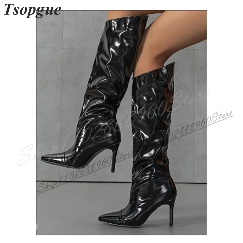

Beveled Black Soft Patent Leather Boots Thin High Heel Shoes For Women Side Zipper Pointed Toe 2025 Fashion Zapatos Para Mujere