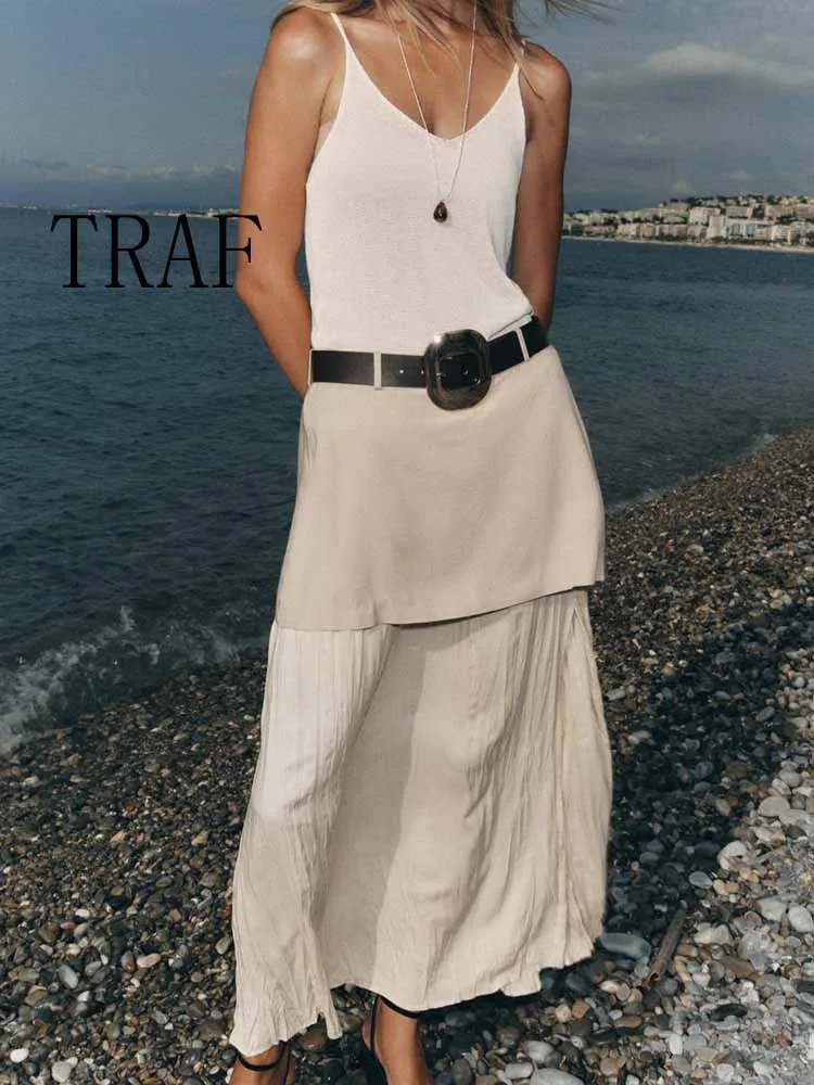 

TRAF European and American style summer new fashion trend women's clothing with belt side slit splicing midi skirt