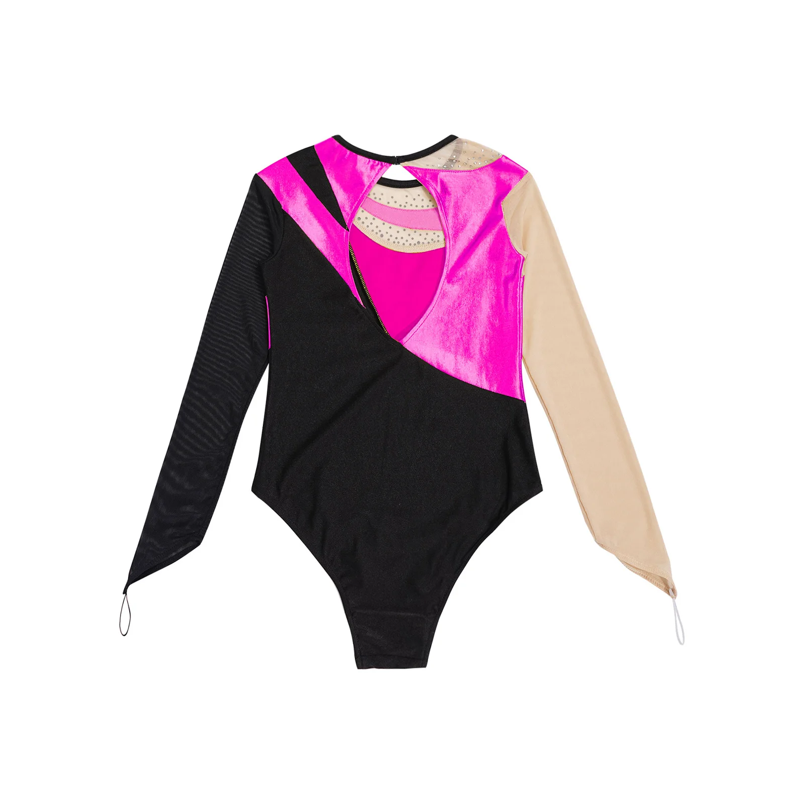 Dzieci dziewczynki gimnastyka baletowa trykot z siateczki z długim rękawem z dziurką od klucza z tyłu metaliczne figurowe kostiumy sceniczne do jazdy na łyżwach