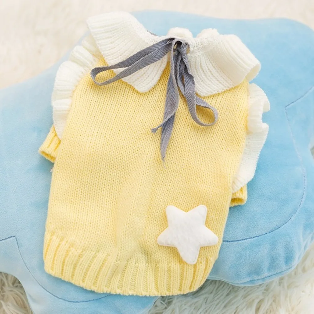 

Cute Princess Style Dog Knitted Sweater Warm Soft Two Legs Dog Clothes Star Pattern Ruffled Collar Pet Knitwear Spring Autumn