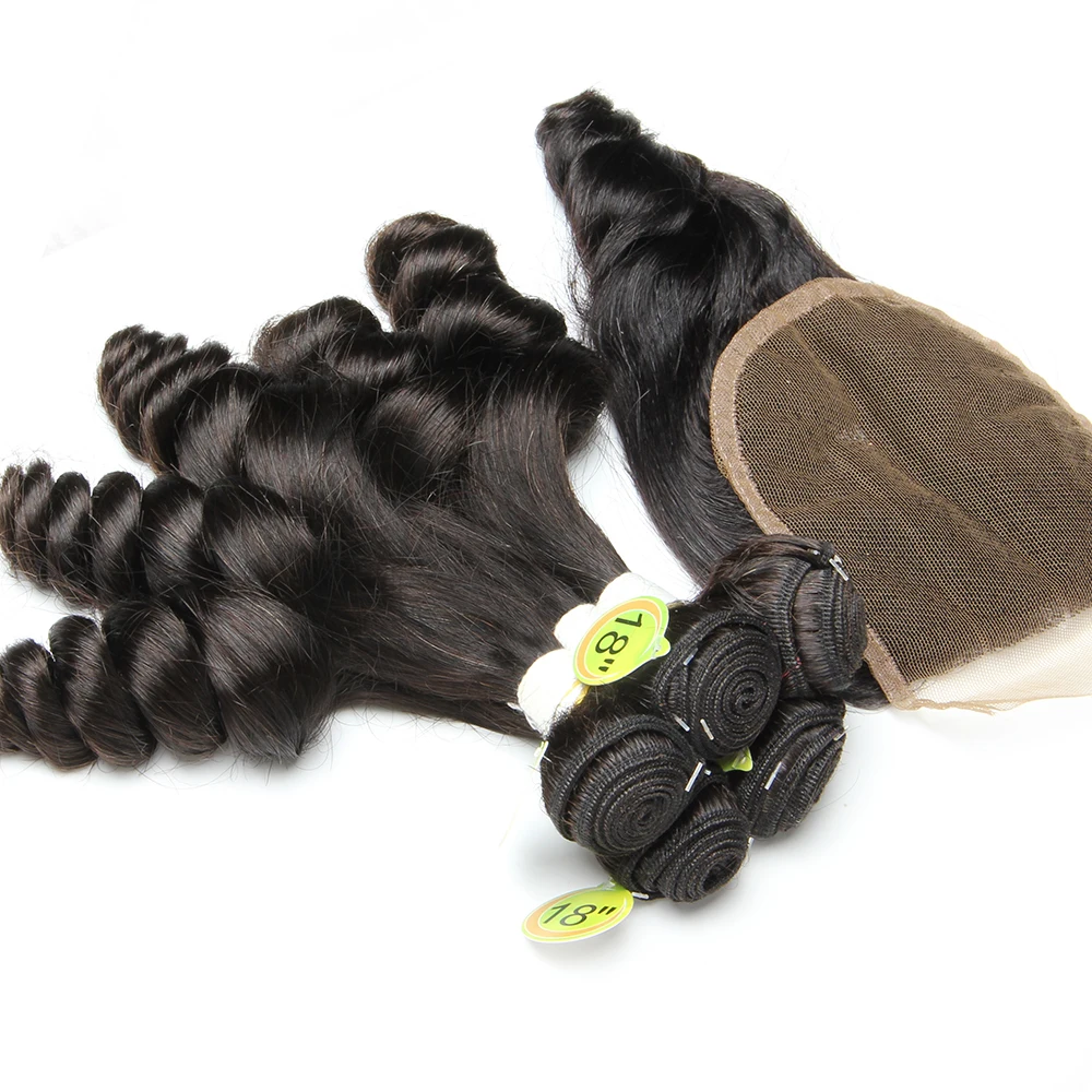 Loose Wave Bundles with Closure 4x4 Brazilian Human Hair Weave 5Pcs Bouncy Curly Bundles with Closure HD Transparant Pre-Plucked