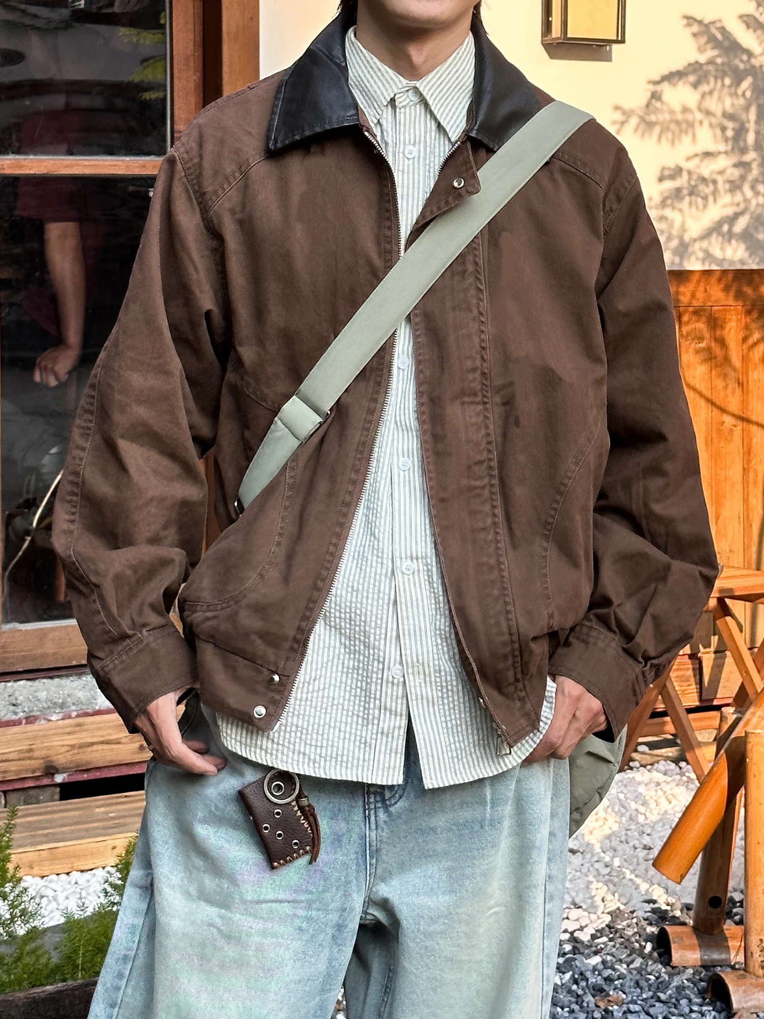 الرجعية الأمريكية Waed ياقة جلدية Jaet الرجال فضفاضة تناسب عادية ربيع الخريف ملابس خارجية الشباب Sle مستقيم هملين