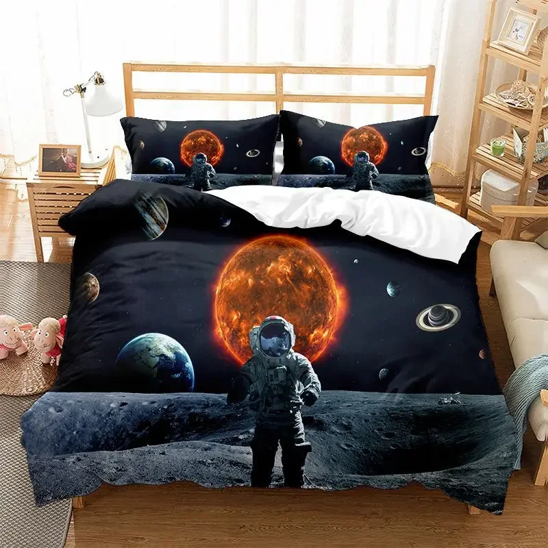 Juego de funda nórdica Galaxy tamaño King/Queen astronauta en la luna juego de cama niños adolescentes espacio planeta funda de edredón de poliéster gris oscuro