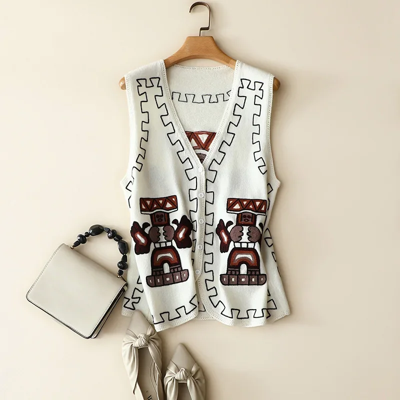 autumn new arrival cashmere wool vest woman robot embroidery star fashion chic sleeveless cardigan