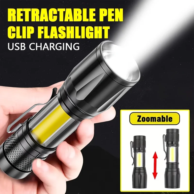 COB+XPE Zoomable Tactical Flashlight USB Rechargeable Waterproof Mini Camping Torch Power Bank Emergency Lamp for Hiking Fishing